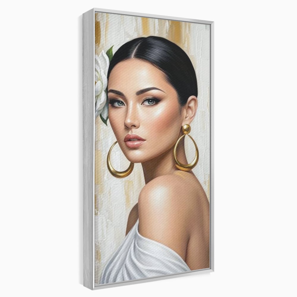 Tablou canvas cu tablou canvas cu portret de femeie, in rama de aluminiu argintiu