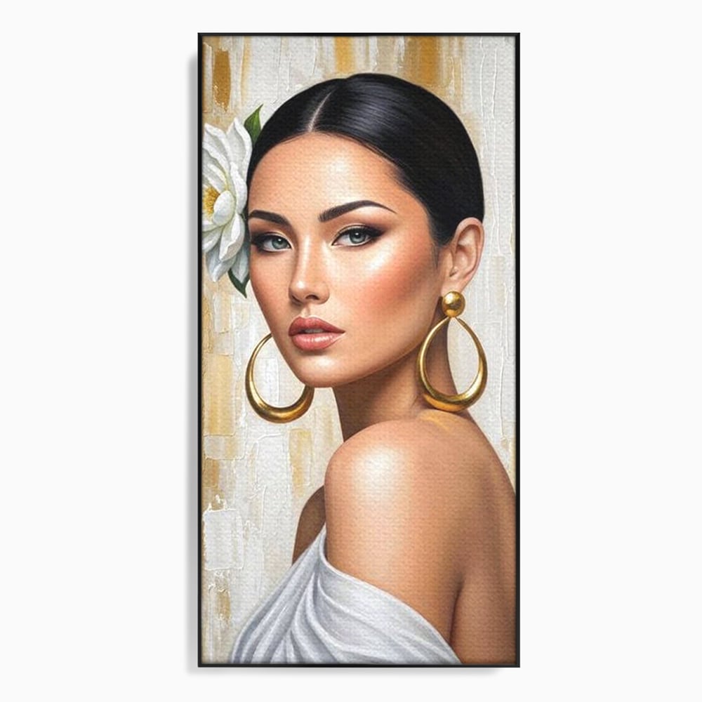 Tablou canvas cu tablou canvas cu portret de femeie, in rama de aluminiu negru
