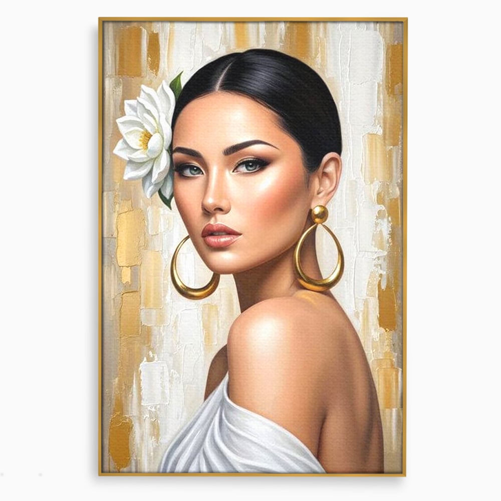 Tablou canvas cu tablou canvas cu portret de femeie, in rama de aluminiu auriu