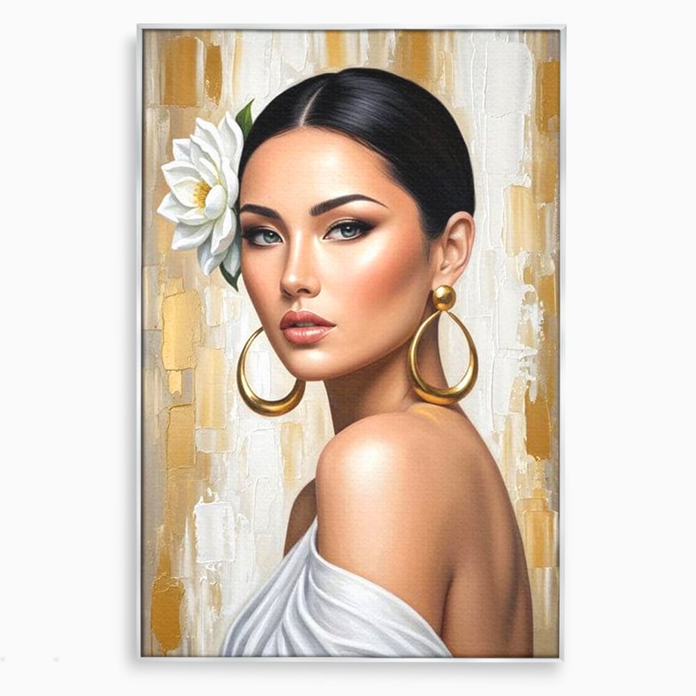 Tablou canvas cu tablou canvas cu portret de femeie, in rama de aluminiu argintiu