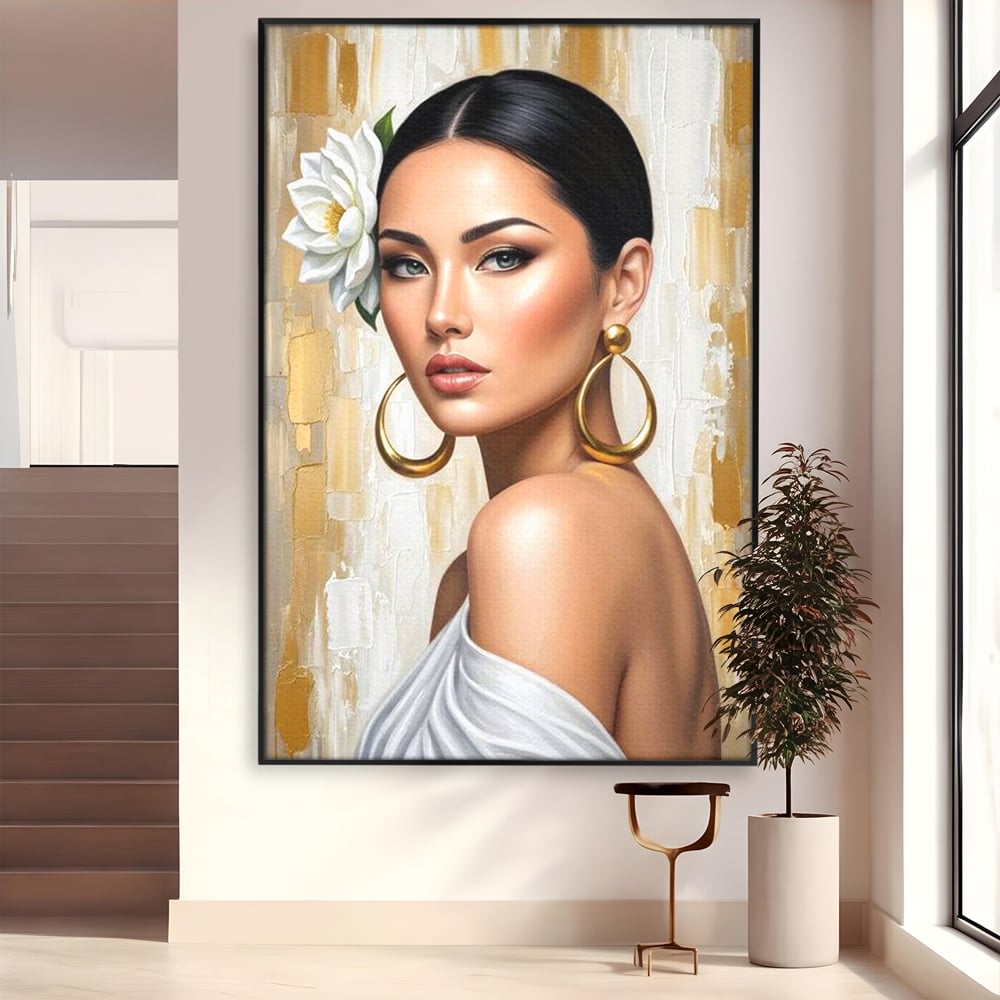Tablou canvas cu tablou canvas cu portret de femeie, in rama de aluminiu negru