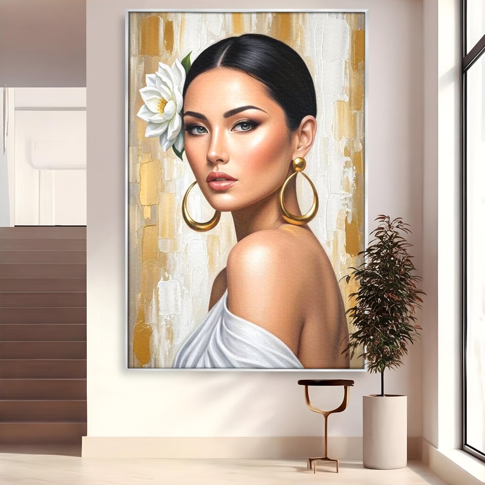 Tablou canvas cu tablou canvas cu portret de femeie, in rama de aluminiu argintiu