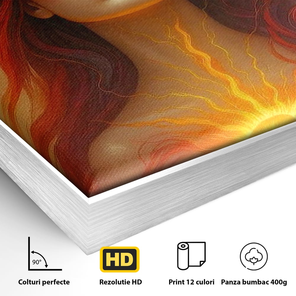Detaliu al suprafetei: tablou canvas cu zeita focului, in rama de aluminiu argintiu