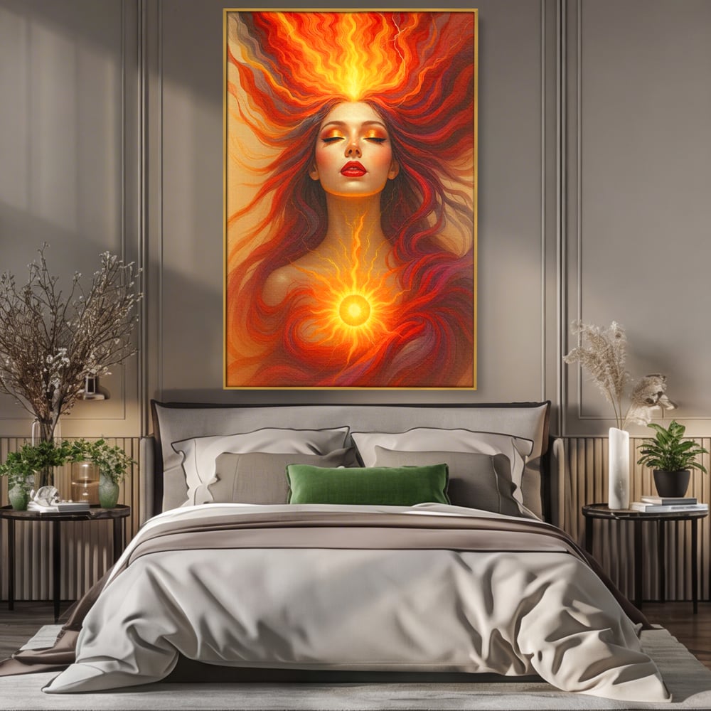 Tablou canvas cu tablou canvas cu zeita focului, in rama de aluminiu auriu, pe perete intr-un dormitor
