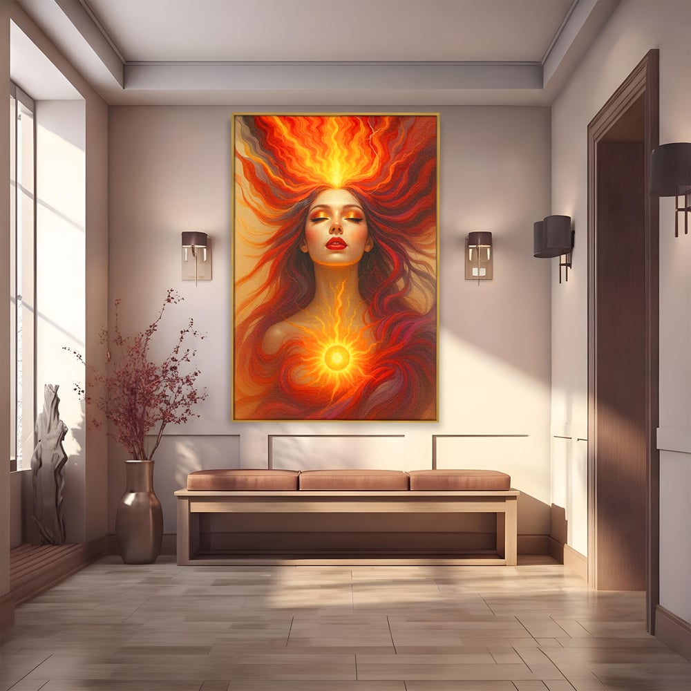 Tablou canvas cu tablou canvas cu zeita focului, in rama de aluminiu auriu