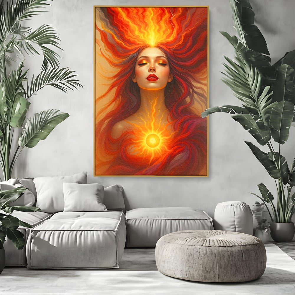 Tablou canvas cu tablou canvas cu zeita focului, in rama de aluminiu auriu, pe perete intr-un living