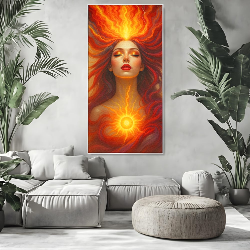 Tablou canvas cu tablou canvas cu zeita focului, in rama de aluminiu argintiu, pe perete intr-un living