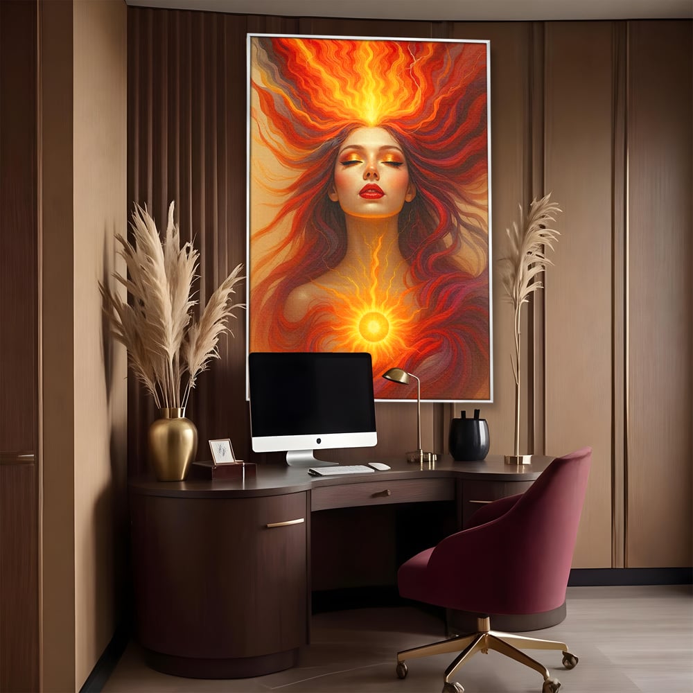 Tablou canvas cu tablou canvas cu zeita focului, in rama de aluminiu argintiu, pe perete intr-un birou