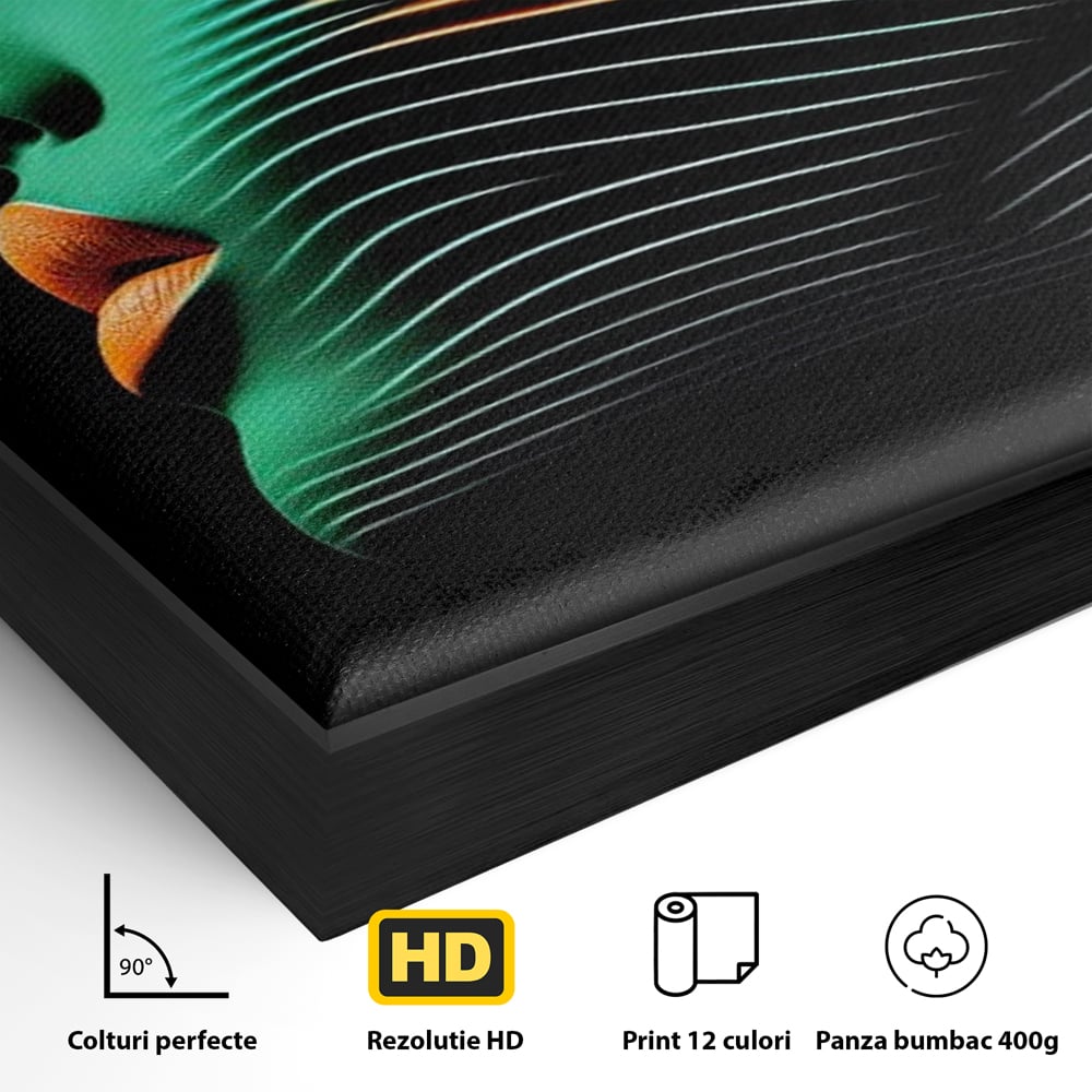 Detaliu al suprafetei: tablou canvas portret de femeie in profil cu raze verzi, in rama de aluminiu negru
