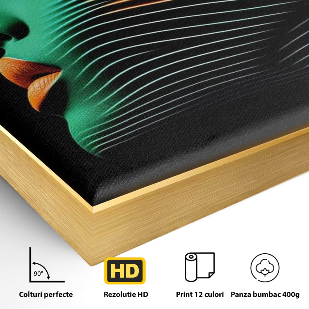 Detaliu al suprafetei: tablou canvas portret de femeie in profil cu raze verzi, in rama de aluminiu auriu