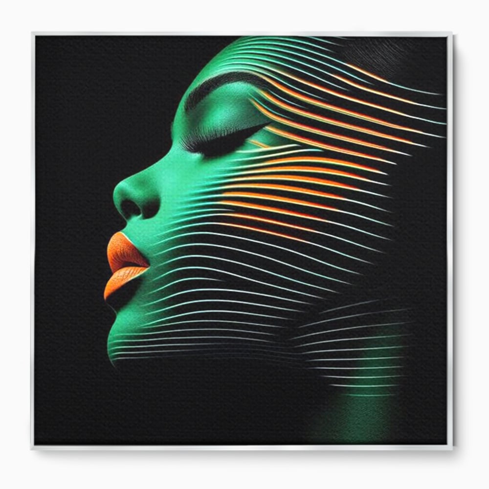 Tablou canvas cu tablou canvas portret de femeie in profil cu raze verzi, in rama de aluminiu argintiu