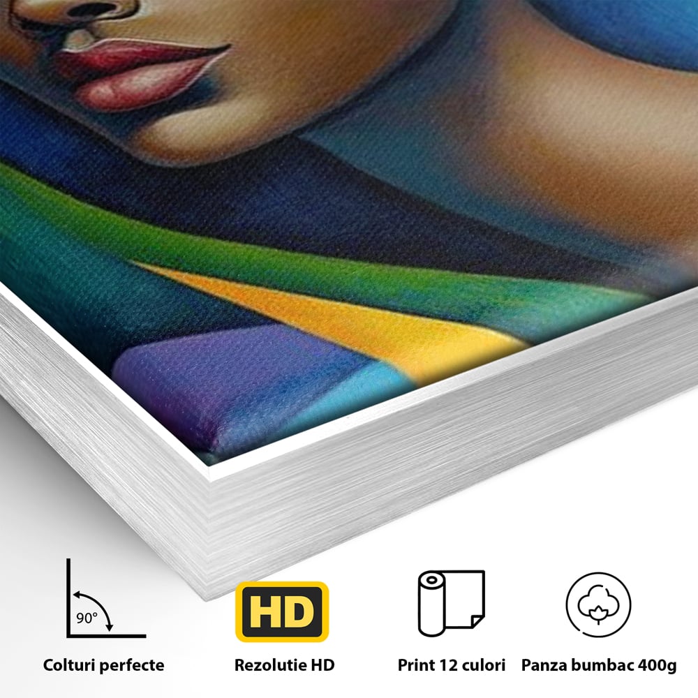 Detaliu al suprafetei: tablou canvas cu portret feminin geometric, in rama de aluminiu argintiu