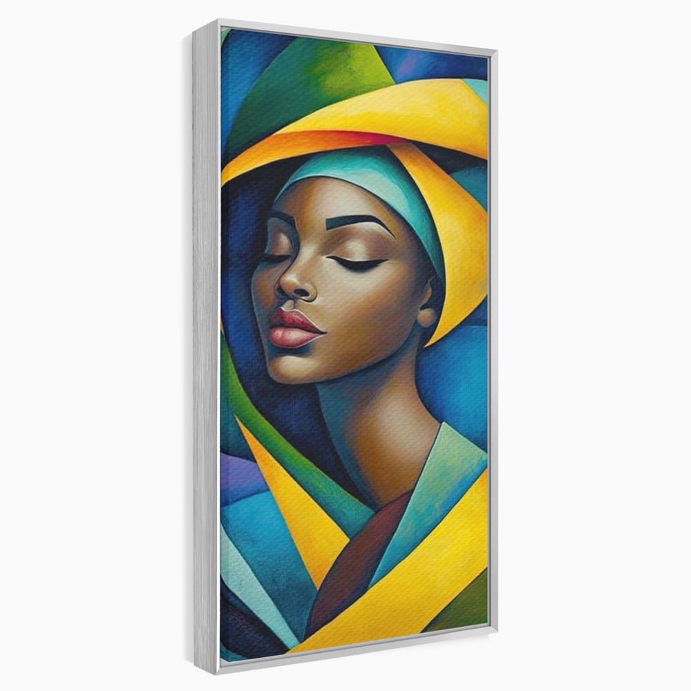 Tablou canvas cu tablou canvas cu portret feminin geometric, in rama de aluminiu argintiu