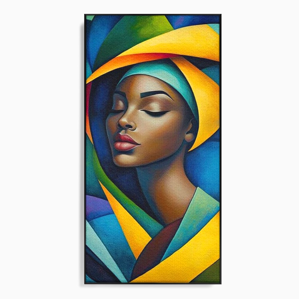 Tablou canvas cu tablou canvas cu portret feminin geometric, in rama de aluminiu negru