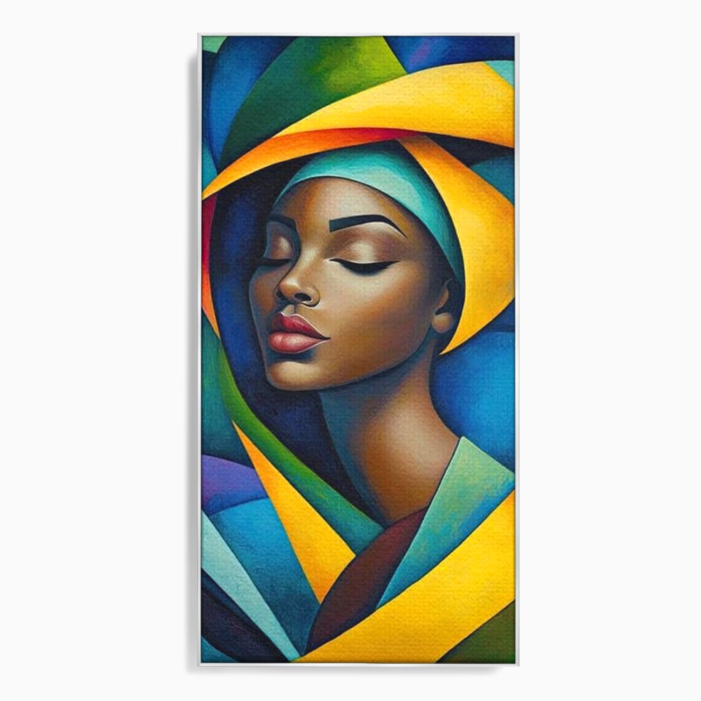 Tablou canvas cu tablou canvas cu portret feminin geometric, in rama de aluminiu argintiu
