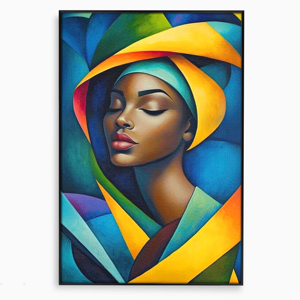 Tablou canvas cu tablou canvas cu portret feminin geometric, in rama de aluminiu negru