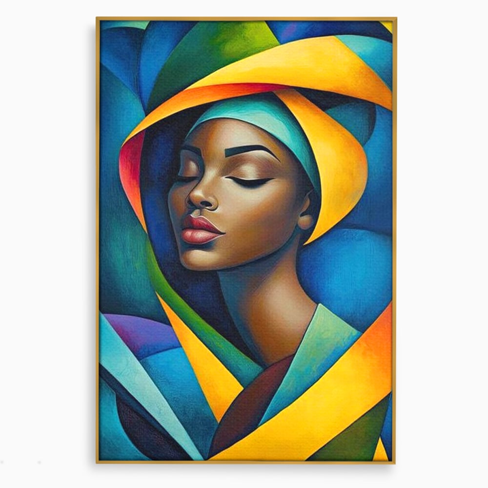 Tablou canvas cu tablou canvas cu portret feminin geometric, in rama de aluminiu auriu