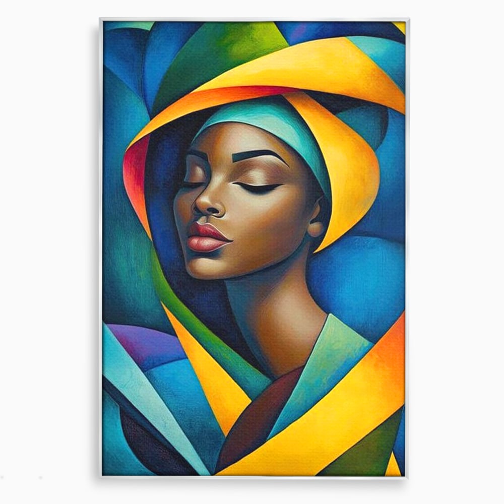Tablou canvas cu tablou canvas cu portret feminin geometric, in rama de aluminiu argintiu