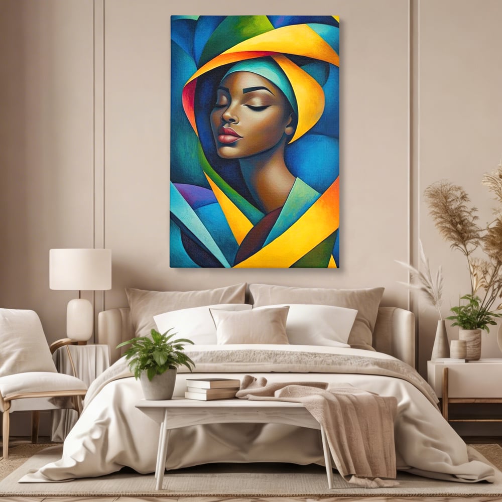 Tablou canvas cu tablou canvas cu portret feminin geometric, fara rama, pe sasiu de lemn, pe perete intr-un dormitor