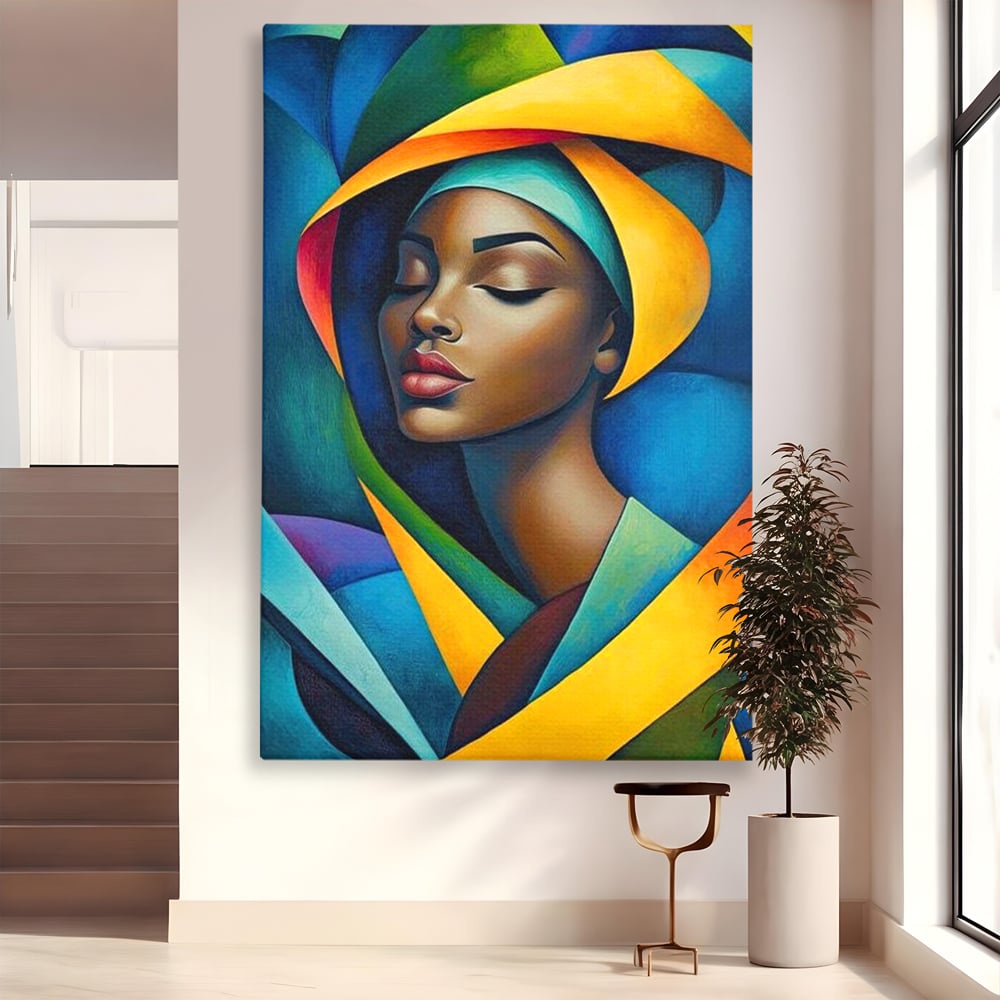 Tablou canvas cu tablou canvas cu portret feminin geometric, fara rama, pe sasiu de lemn