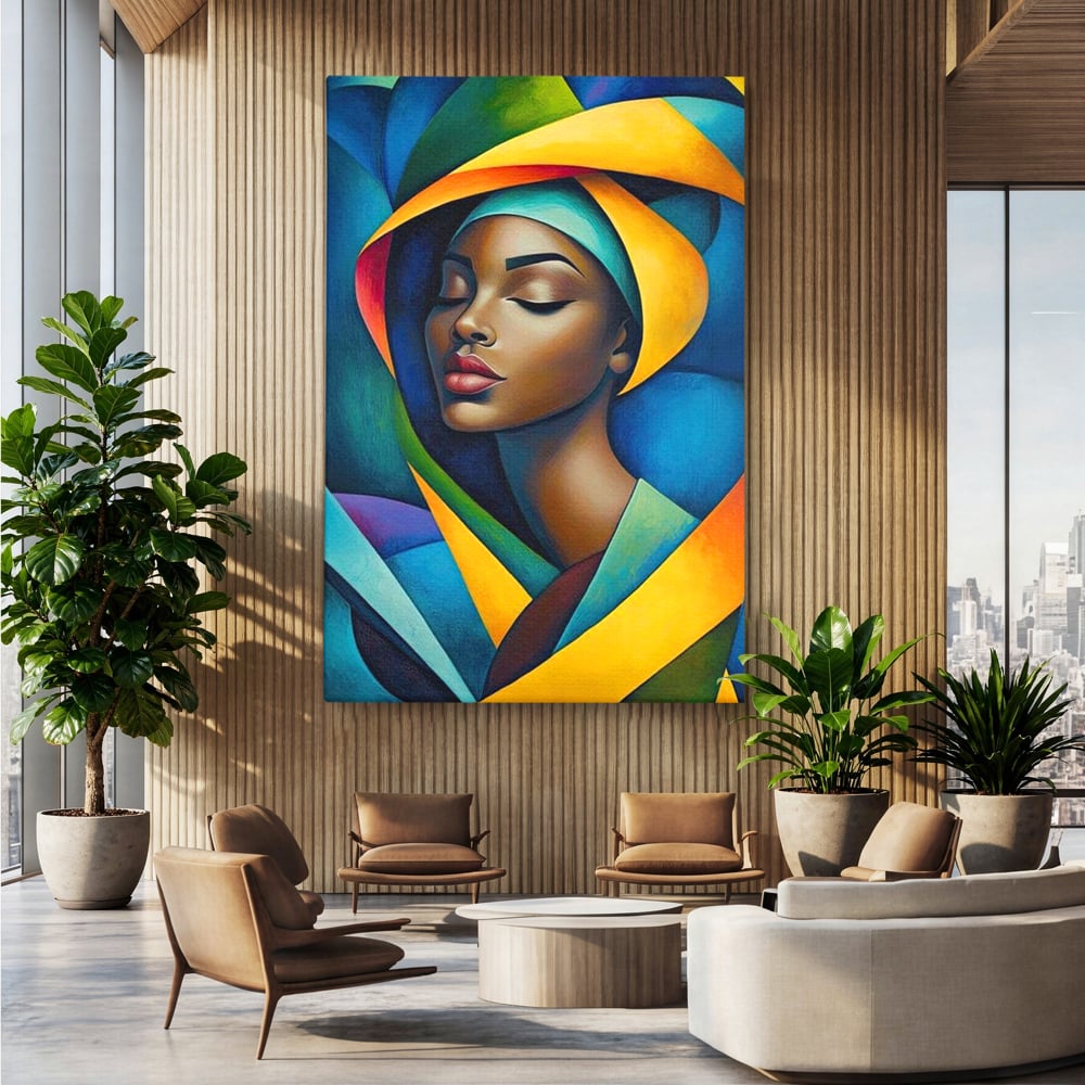 Tablou canvas cu tablou canvas cu portret feminin geometric, fara rama, pe sasiu de lemn, pe perete intr-un birou
