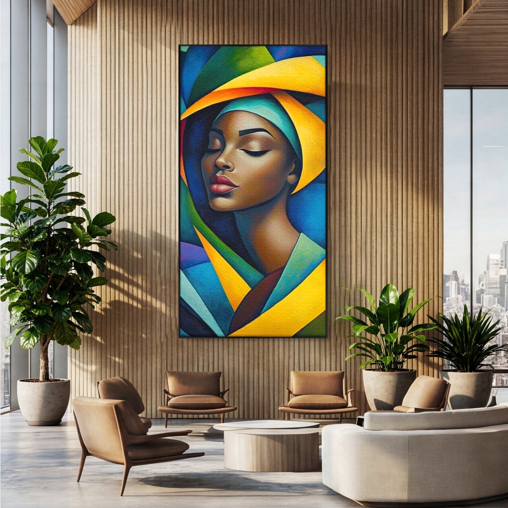 Tablou canvas cu tablou canvas cu portret feminin geometric, in rama de aluminiu negru, pe perete intr-un birou