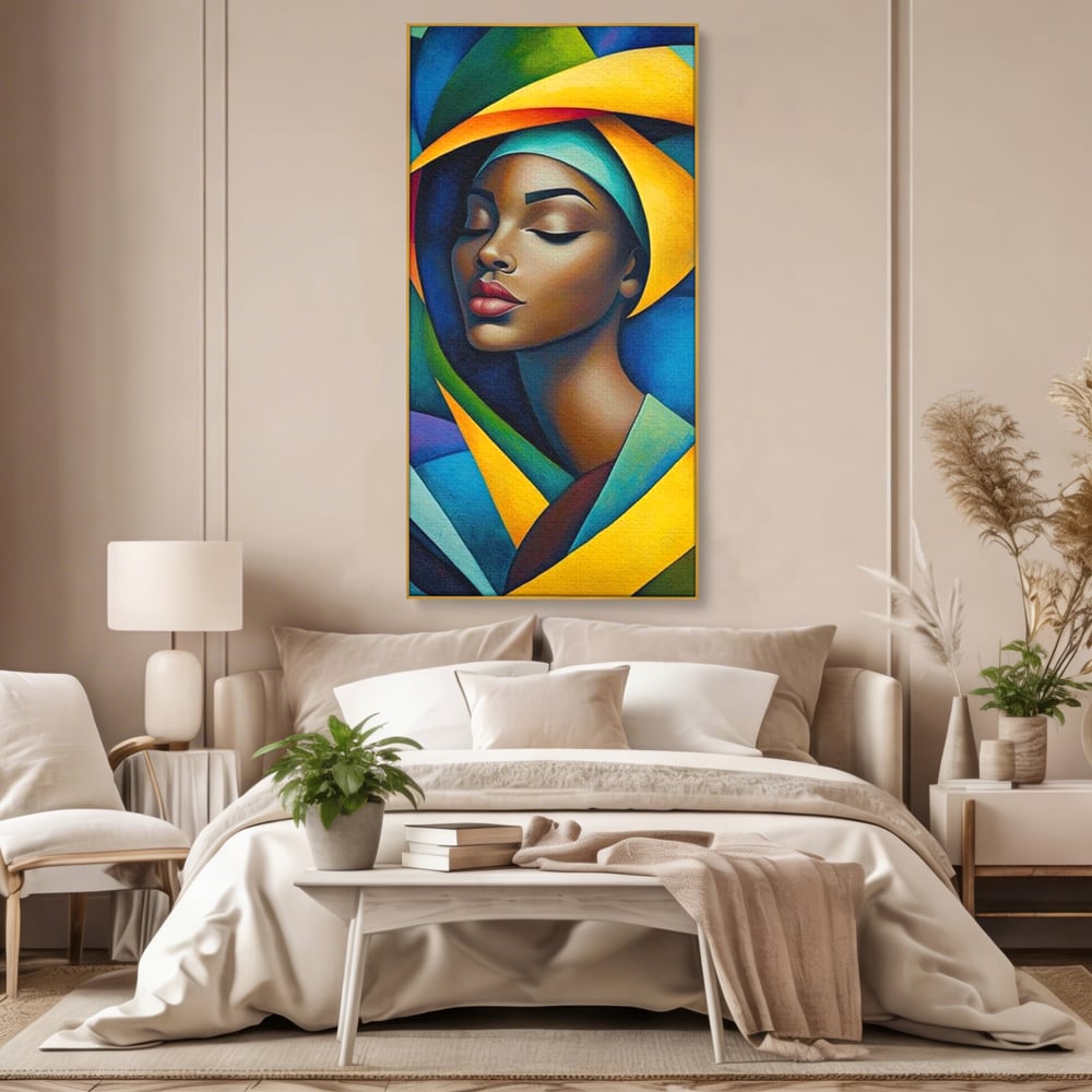 Tablou canvas cu tablou canvas cu portret feminin geometric, in rama de aluminiu auriu, pe perete intr-un dormitor
