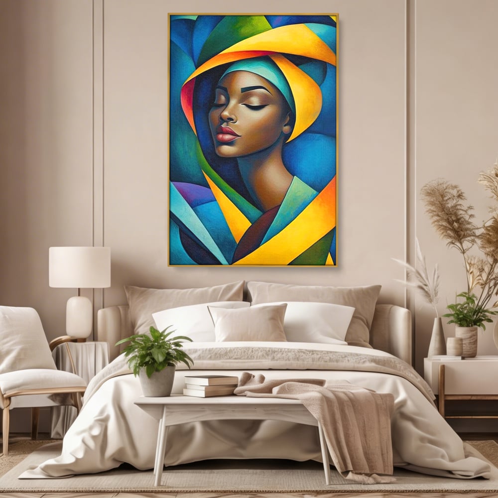 Tablou canvas cu tablou canvas cu portret feminin geometric, in rama de aluminiu auriu, pe perete intr-un dormitor
