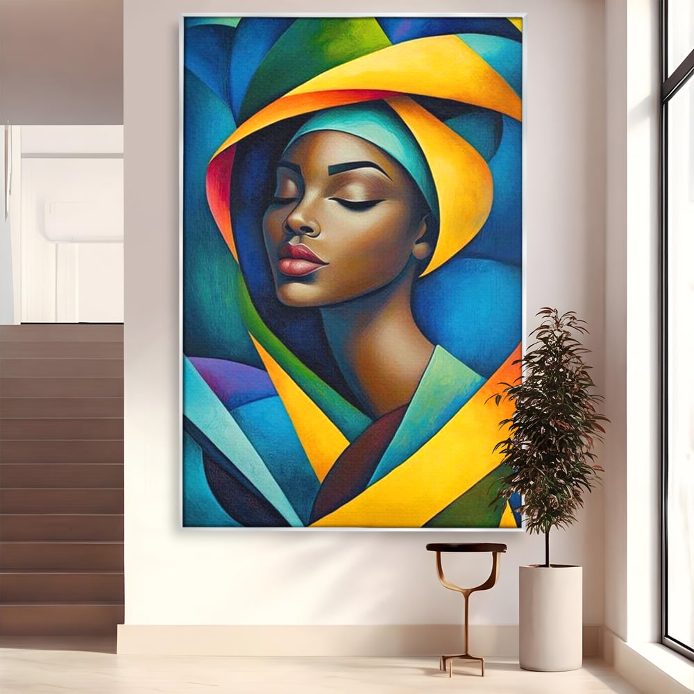 Tablou canvas cu tablou canvas cu portret feminin geometric, in rama de aluminiu argintiu