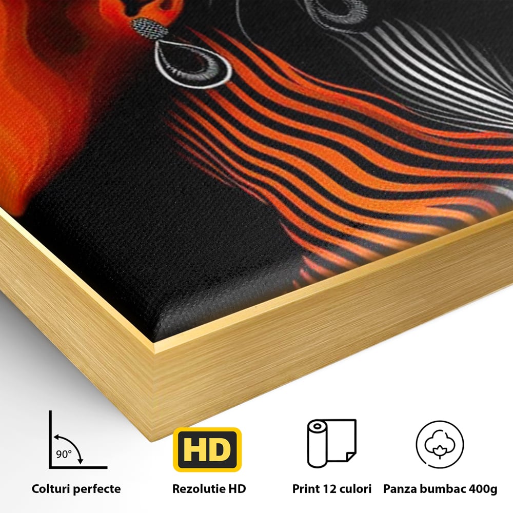 Detaliu al suprafetei: tablou canvas cu doua fete stilizate, in rama de aluminiu auriu