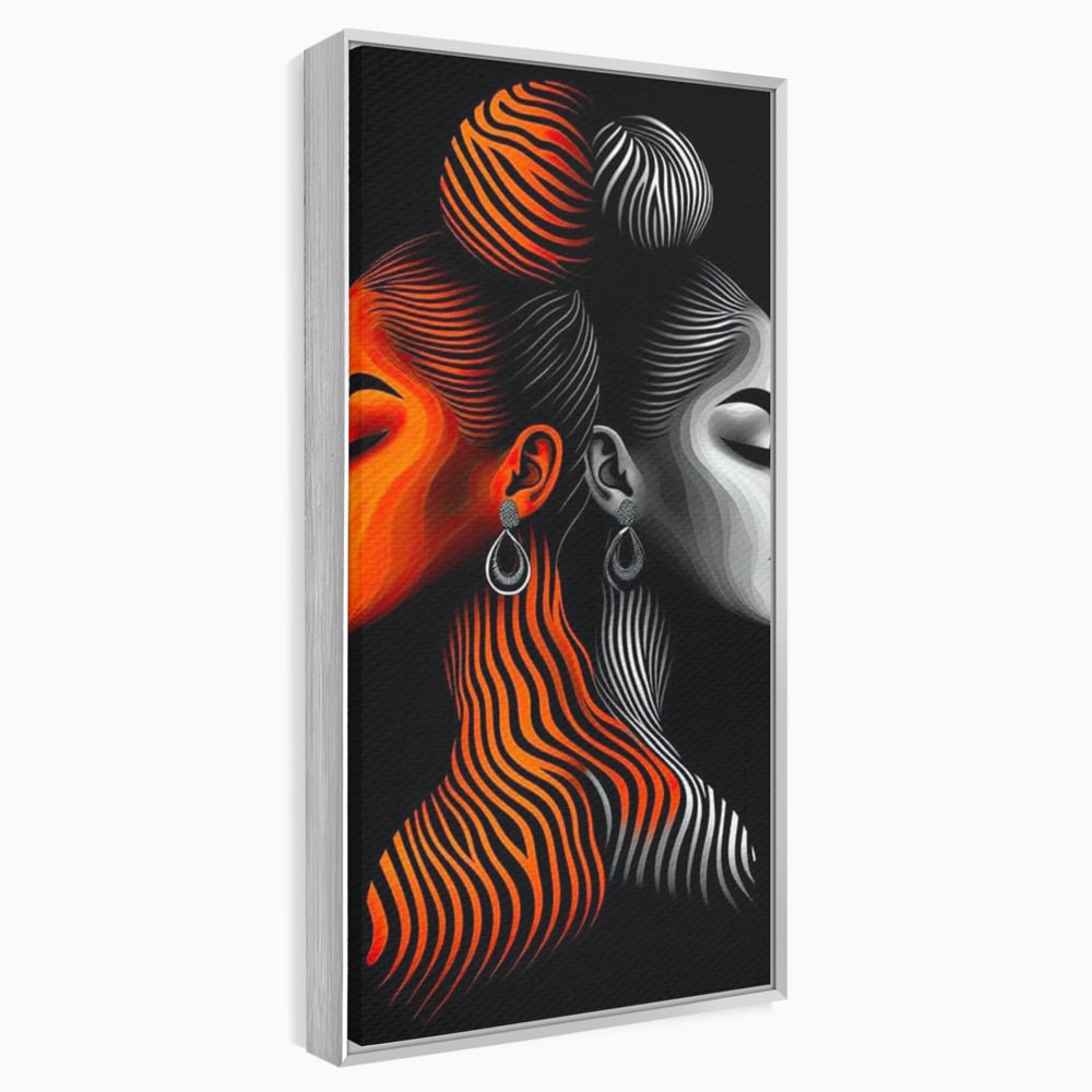 Tablou canvas cu tablou canvas cu doua fete stilizate, in rama de aluminiu argintiu