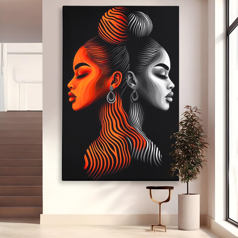 Tablou canvas cu tablou canvas cu doua fete stilizate, fara rama, pe sasiu de lemn