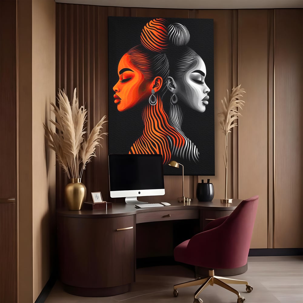Tablou canvas cu tablou canvas cu doua fete stilizate, fara rama, pe sasiu de lemn, pe perete intr-un birou