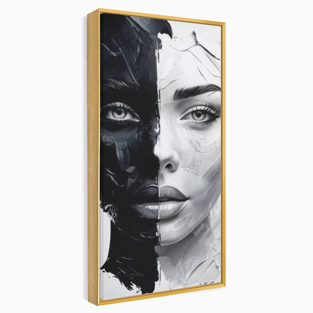 Tablou canvas cu tablou canvas cu chip de femeie in doua nuante, in rama de aluminiu auriu