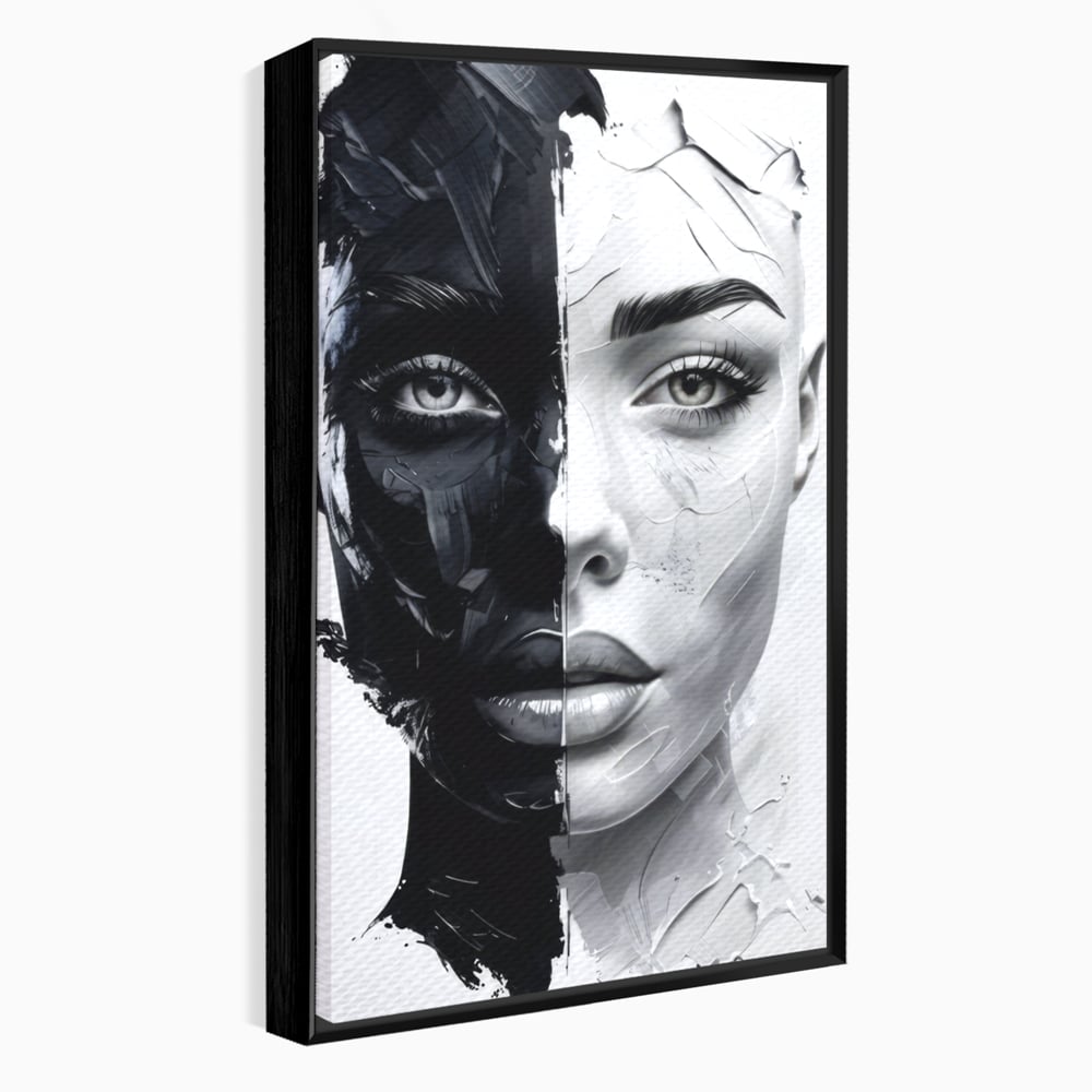 Tablou canvas cu tablou canvas cu chip de femeie in doua nuante, in rama de aluminiu negru