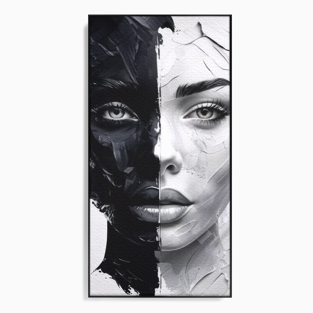 Tablou canvas cu tablou canvas cu chip de femeie in doua nuante, in rama de aluminiu negru