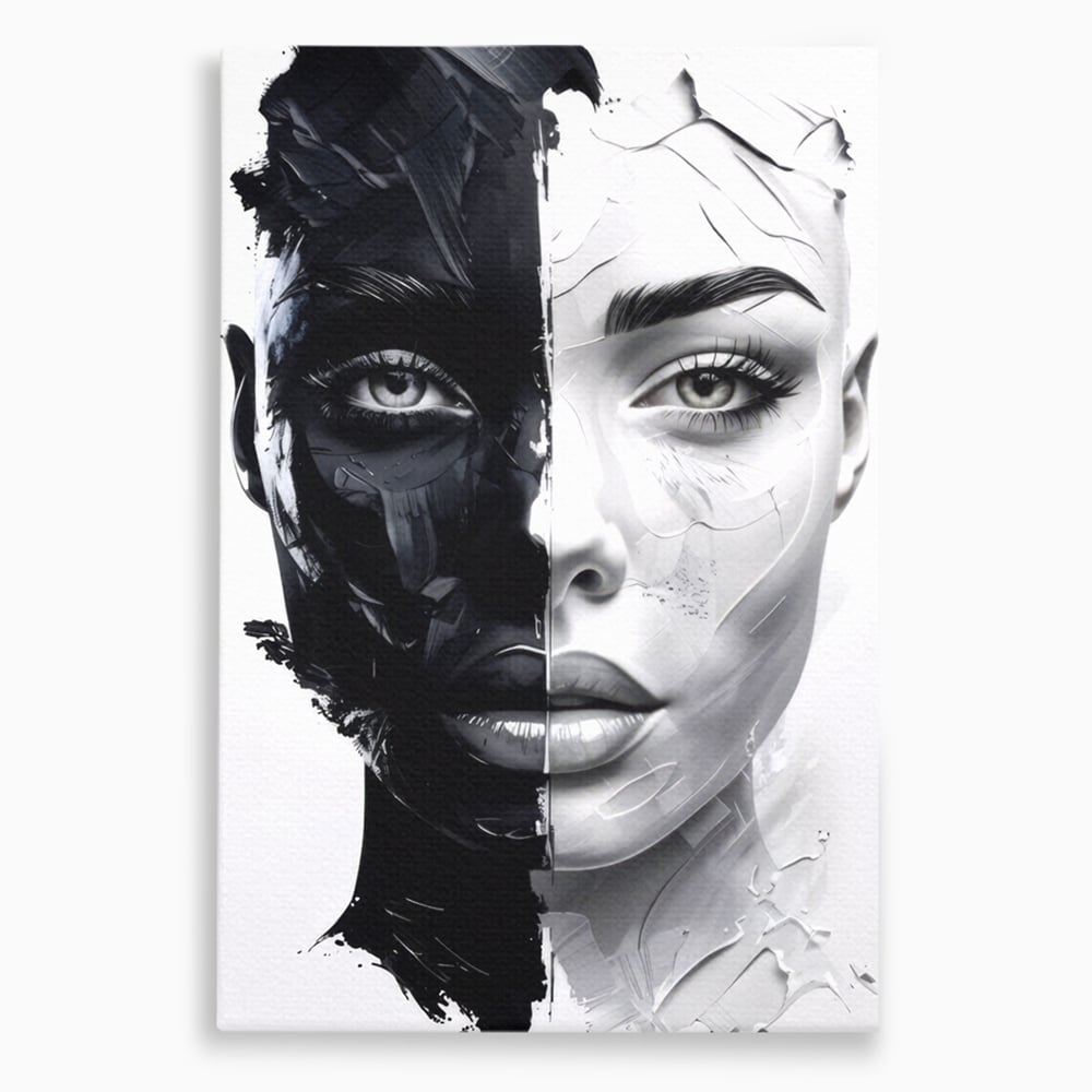 Tablou canvas cu tablou canvas cu chip de femeie in doua nuante, fara rama, pe sasiu de lemn