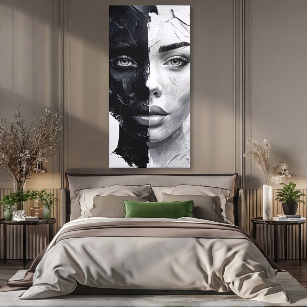 Tablou canvas cu tablou canvas cu chip de femeie in doua nuante, fara rama, pe sasiu de lemn, pe perete intr-un dormitor