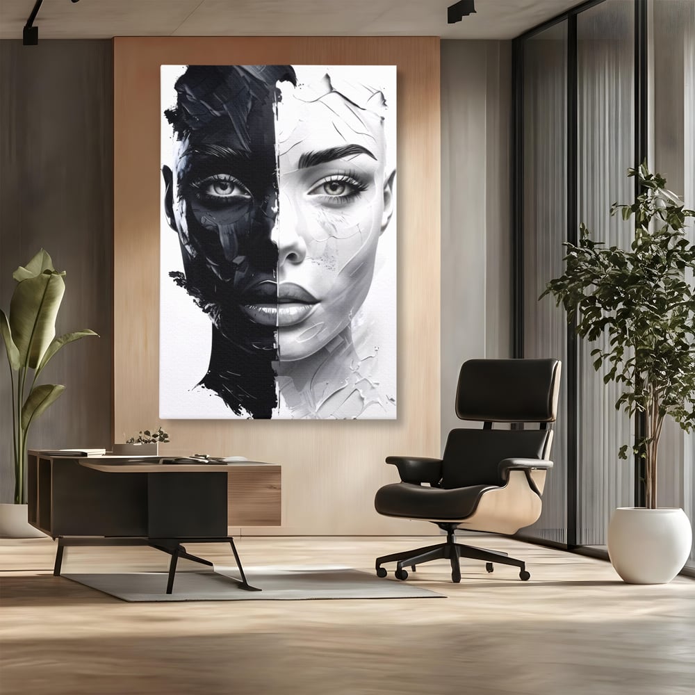 Tablou canvas cu tablou canvas cu chip de femeie in doua nuante, fara rama, pe sasiu de lemn, pe perete intr-un birou