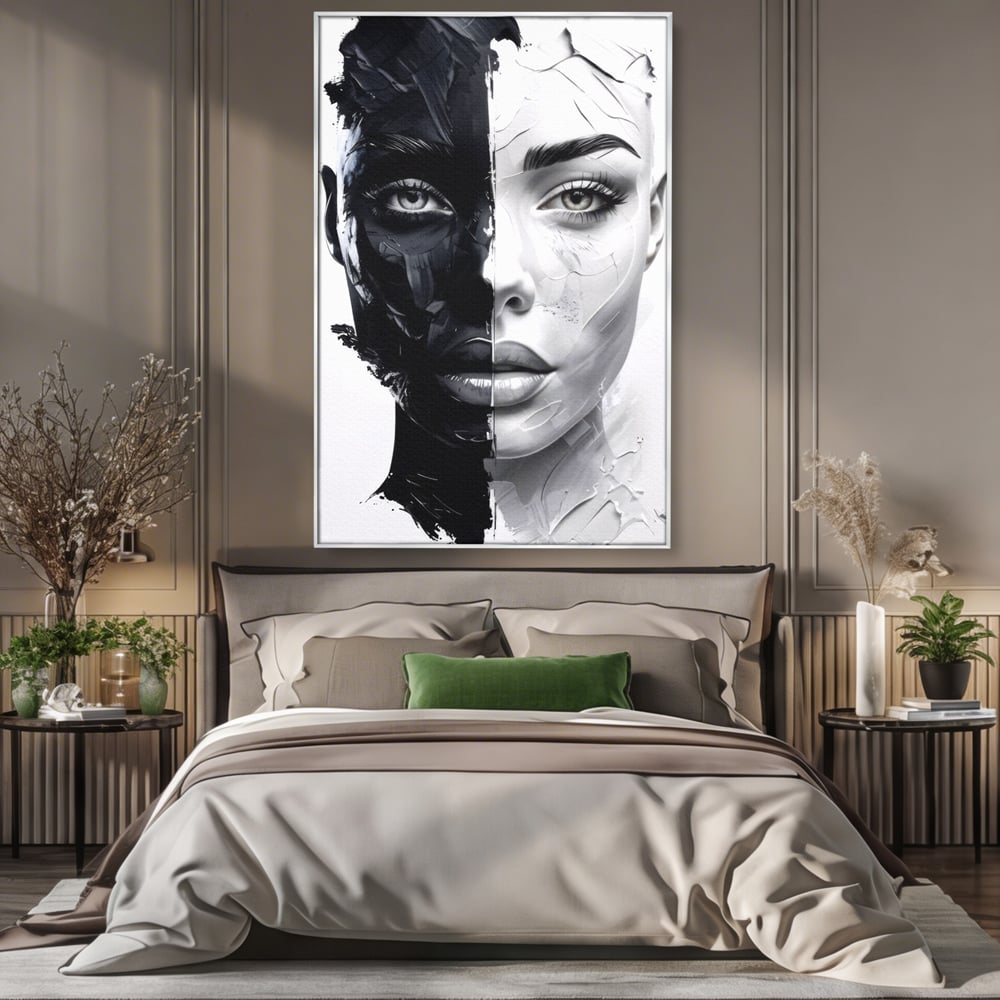 Tablou canvas cu tablou canvas cu chip de femeie in doua nuante, in rama de aluminiu argintiu, pe perete intr-un dormitor
