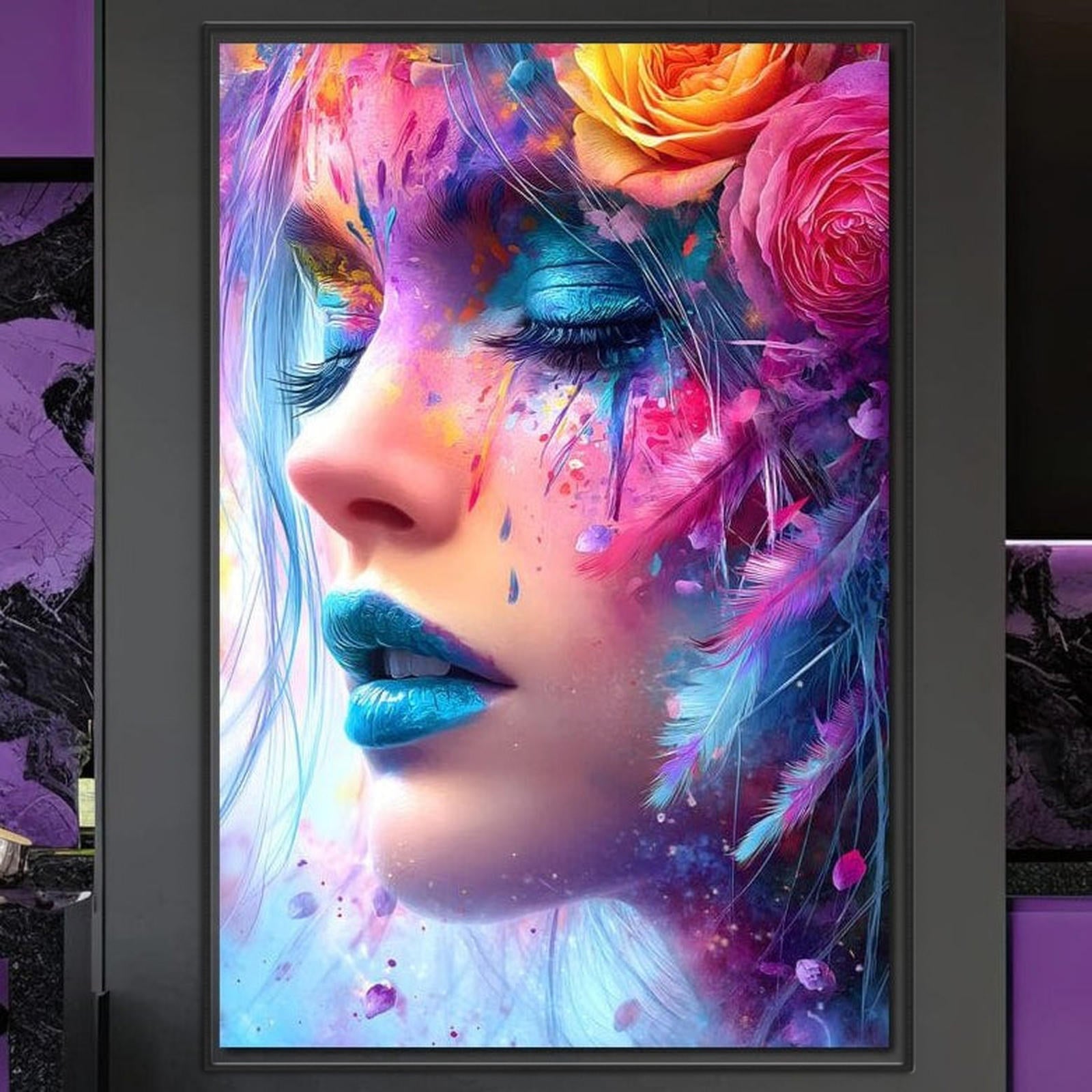 Tablou Canvas Premium, LuxCanva® G1164, Fantezie Florala, Cromatic, Culori, Vis, Explozie, Emotii, Floral, Pleoape, Albastre, Pene, Machiaj, Par, Artistic, Salon, Birou, Living, Dormitor