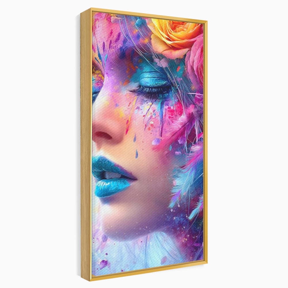 Tablou canvas cu tablou canvas cu fata artistica si flori, in rama de aluminiu auriu