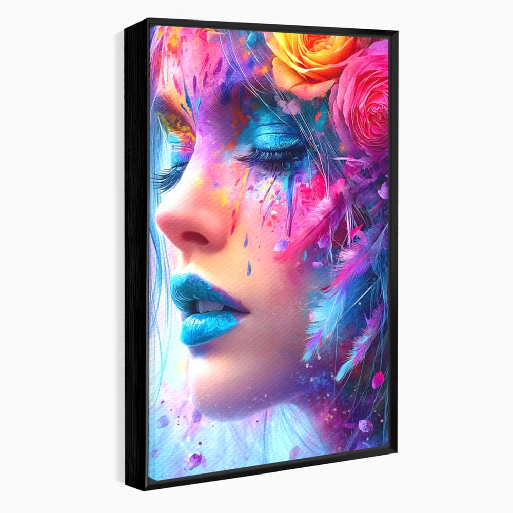 Tablou canvas cu tablou canvas cu fata artistica si flori, in rama de aluminiu negru