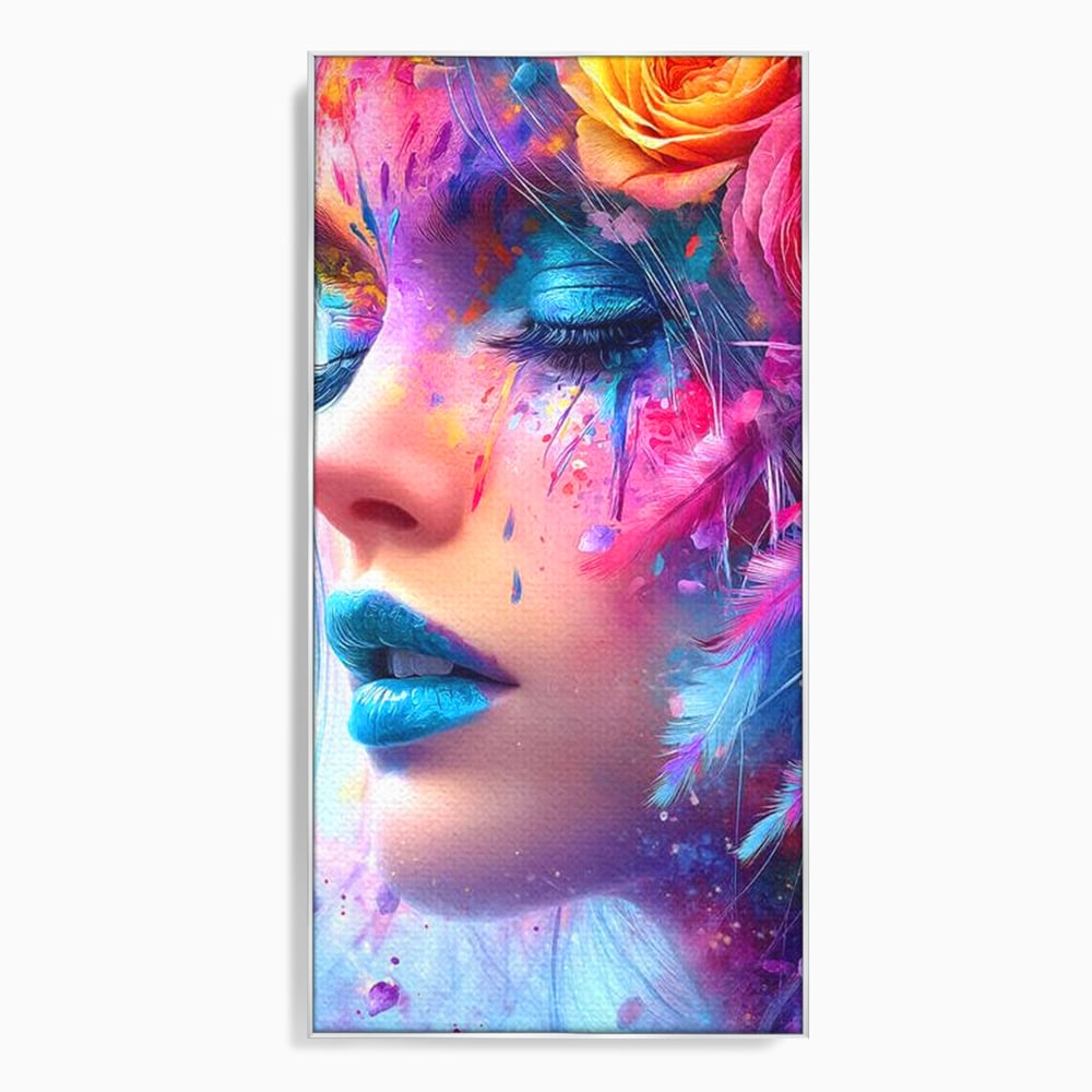 Tablou canvas cu tablou canvas cu fata artistica si flori, in rama de aluminiu argintiu