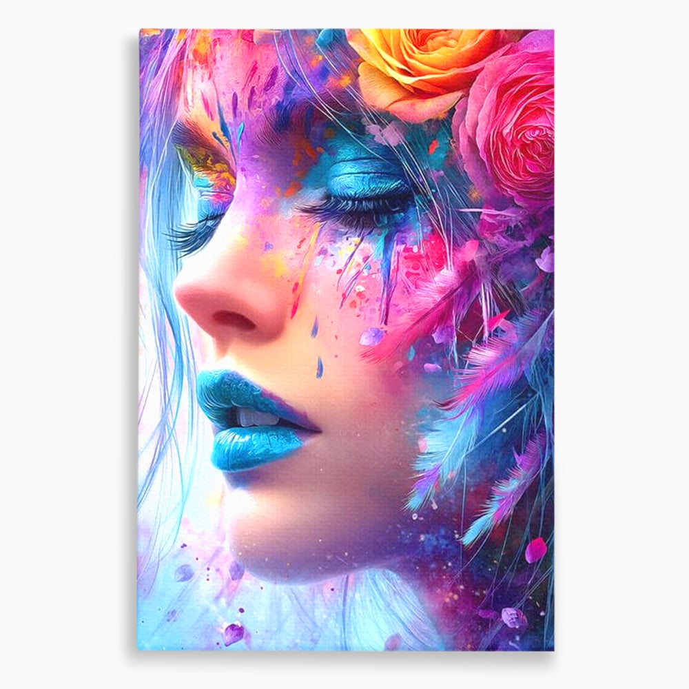 Tablou canvas cu tablou canvas cu fata artistica si flori, fara rama, pe sasiu de lemn