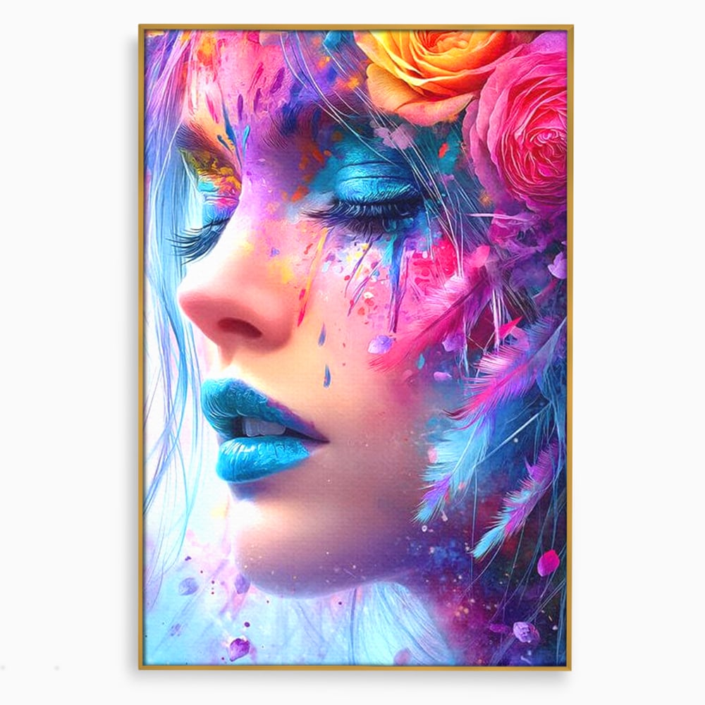 Tablou canvas cu tablou canvas cu fata artistica si flori, in rama de aluminiu auriu