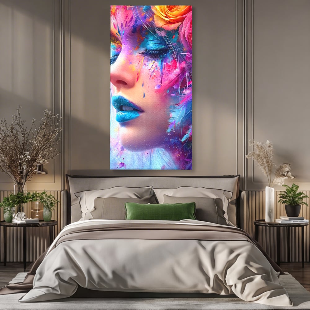 Tablou canvas cu tablou canvas cu fata artistica si flori, fara rama, pe sasiu de lemn, pe perete intr-un dormitor