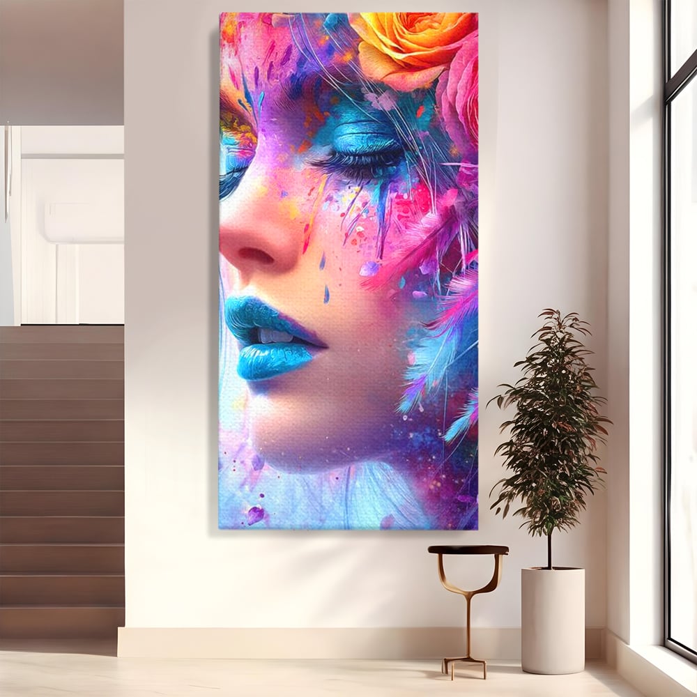 Tablou canvas cu tablou canvas cu fata artistica si flori, fara rama, pe sasiu de lemn