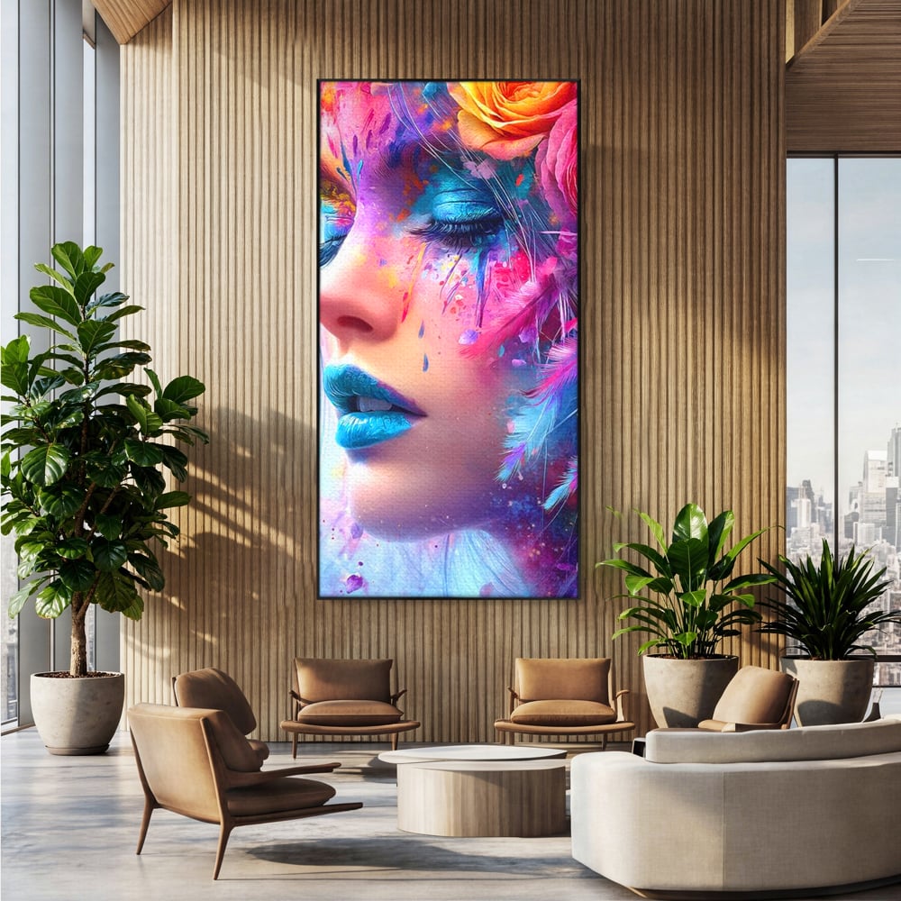 Tablou canvas cu tablou canvas cu fata artistica si flori, in rama de aluminiu negru, pe perete intr-un birou