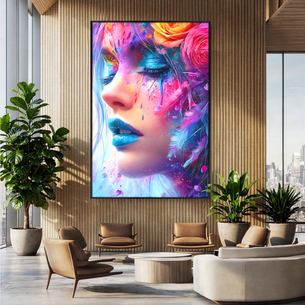 Tablou canvas cu tablou canvas cu fata artistica si flori, in rama de aluminiu negru, pe perete intr-un birou